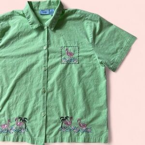 🦩Vintage-Inspired Jane Ashley Flamingo Embroidered Button-Up – XL – Charming